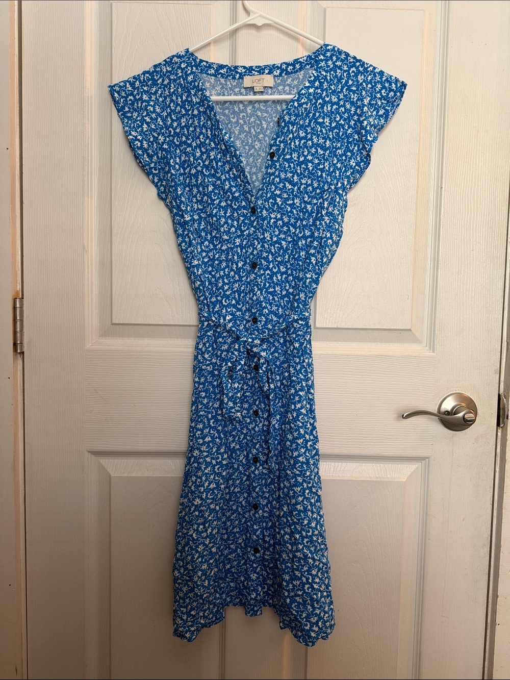 LOFT Blue Floral Button-Down Midi Dress with Waist Tie - Picture 1 of 3